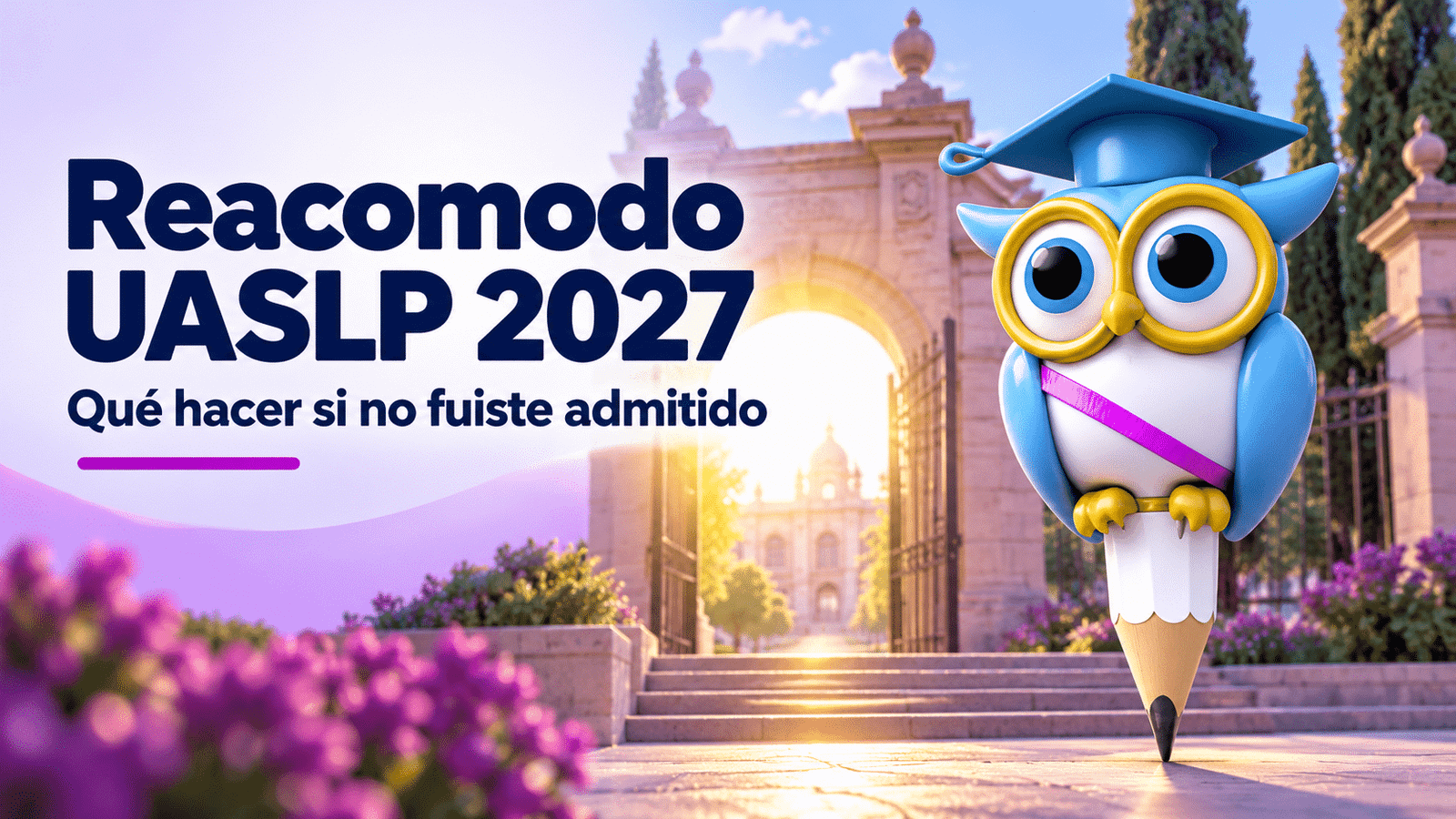 Búho oficial de Tu Profe Autónoma sobre un lápiz junto al título Reacomodo UASLP 2027.